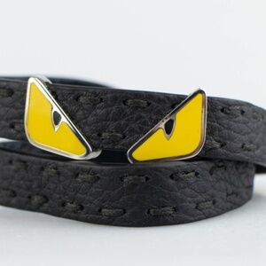 Fendi Sellaria Monster Eyes Reversible Black Leather Wrap Bracelet